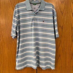 Tommy Hilfiger Men's XL Light Blue Striped Golf Polo with White & Navy Accents